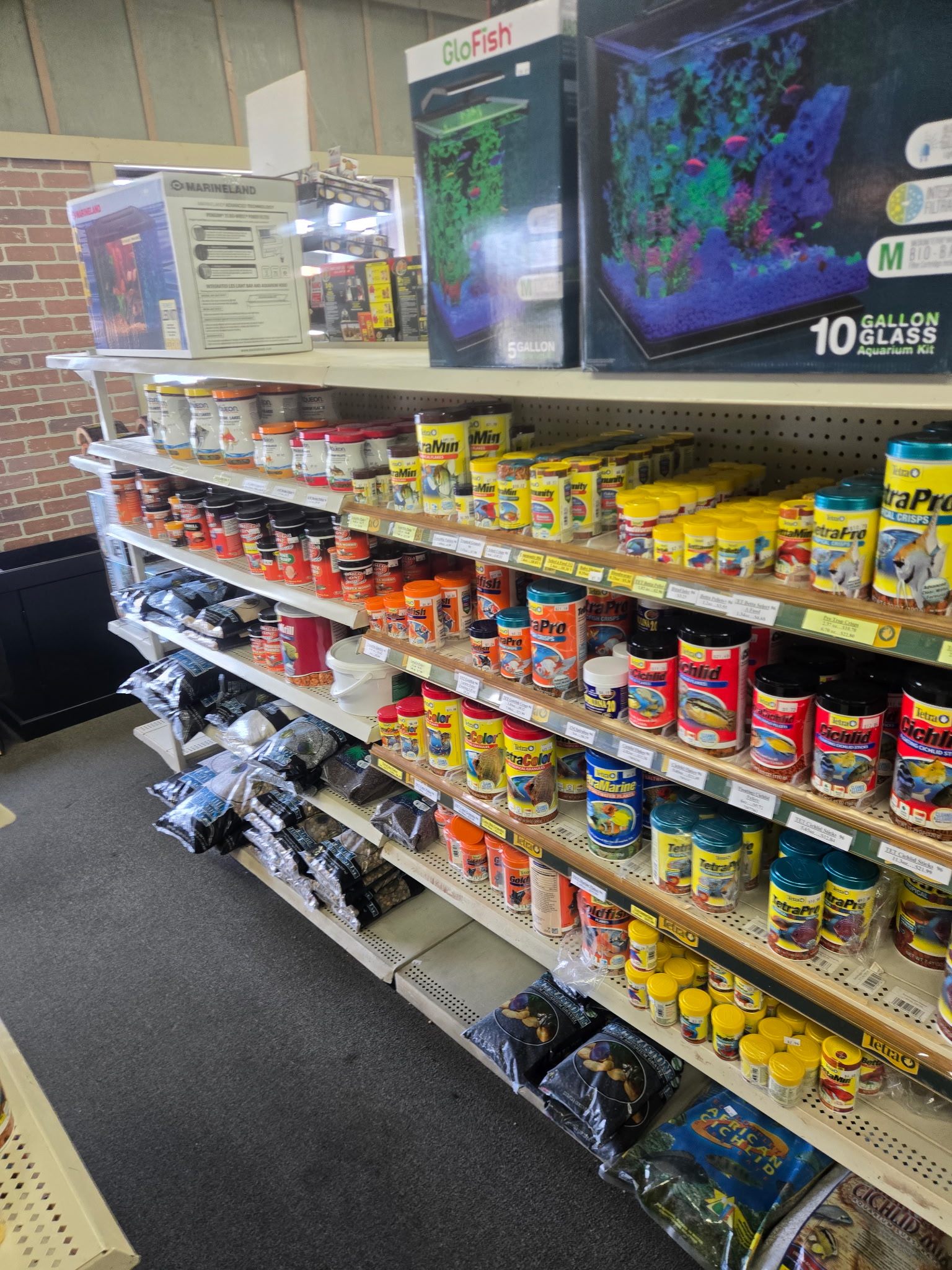 Pet supplies on the shelves at Fishland